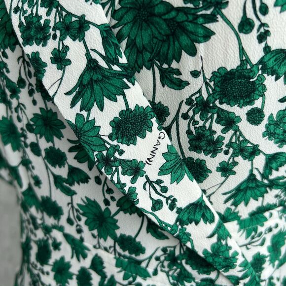 Ganni Green White Floral Wrap Dress Size 2 Hi-Lo Hem Romantic Boho Cottagecore - Picture 4 of 12